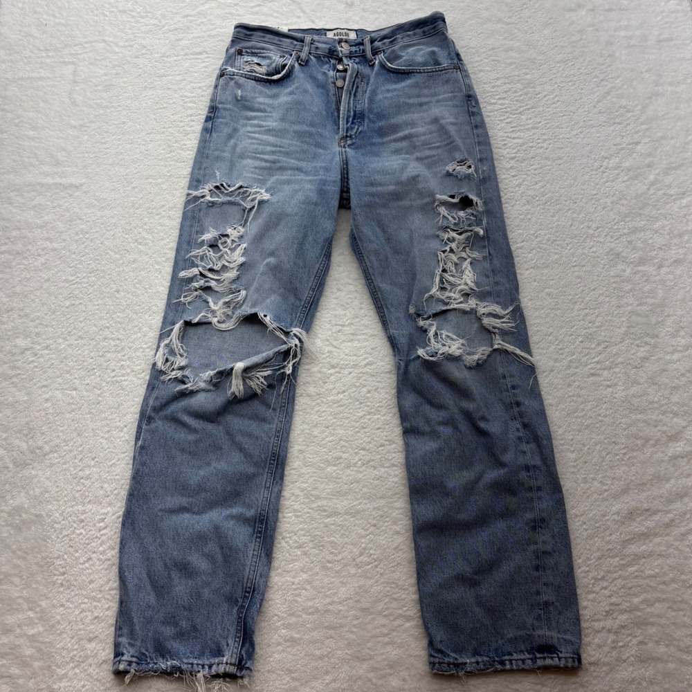Agolde 90s Pinch Waist Distressed Straight Leg Jeans Light Wash Blue Size 26
